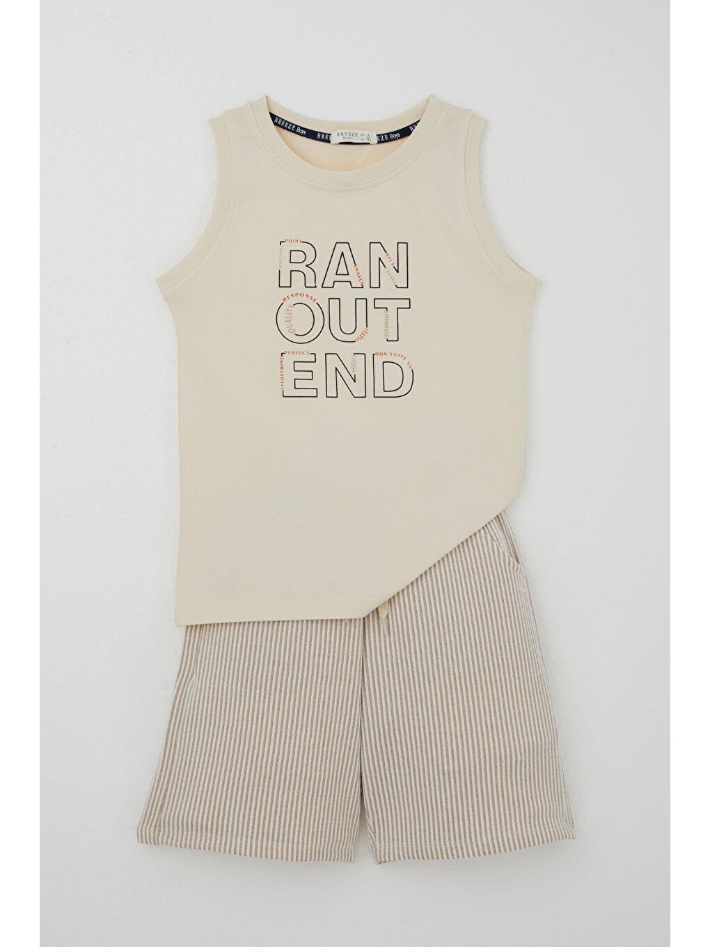 Ekru Erkek Çocuk Şortlu Takım Sıfır Kollu Yazı Baskılı Bağcık Aksesuarlı Krem (8-14 Yaş)-3