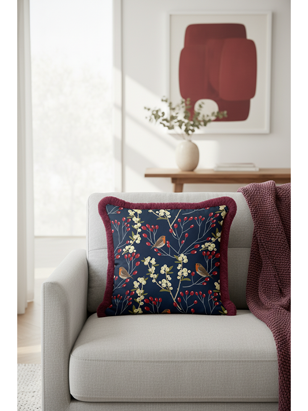 Karışık Doğanın Zarif Dokunuşu Saçaklı Yastık Kılıfı - Kış Bahçesi Bohem Laci Bordo Püsküllü Kırlent Kılıfı-1