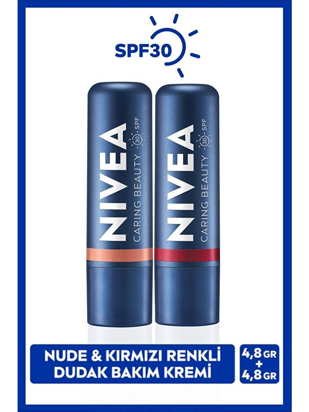 Nude Ve Kırmızı Renkli Nemlendirici Dudak Bakım Kremi 4.8gr, Spf30 Güneş Koruyucu, Allık Etkisi