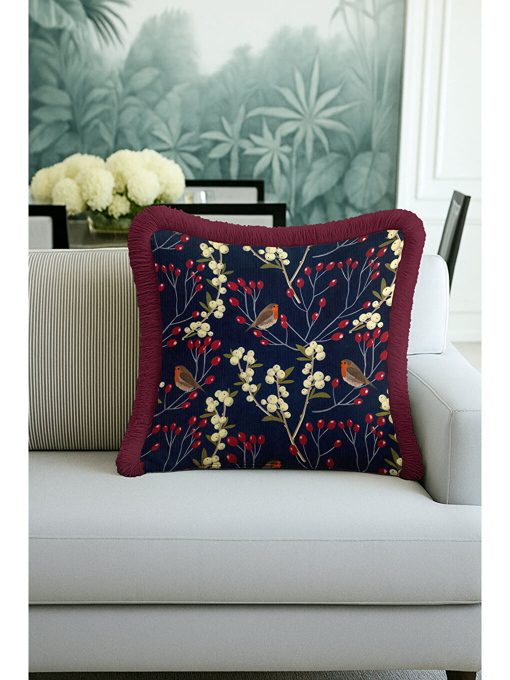 Karışık Doğanın Zarif Dokunuşu Saçaklı Yastık Kılıfı - Kış Bahçesi Bohem Laci Bordo Püsküllü Kırlent Kılıfı-3