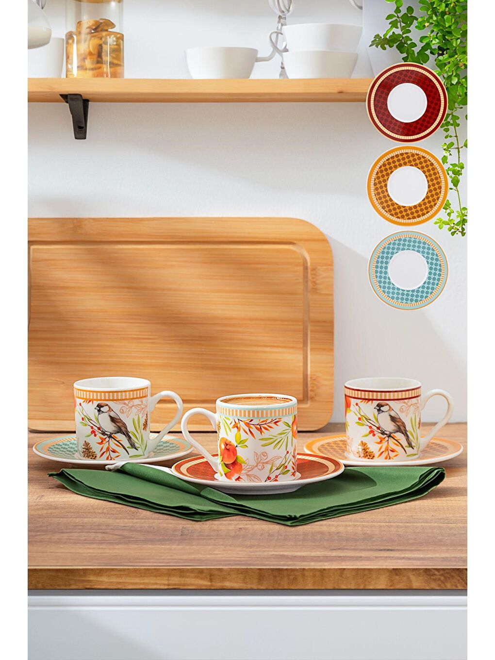 Karışık Jilguero Fincan Takımı-Desenli Porselen Türk Kahvesi Fincan Takımı- 6 Kişilik 90 cc