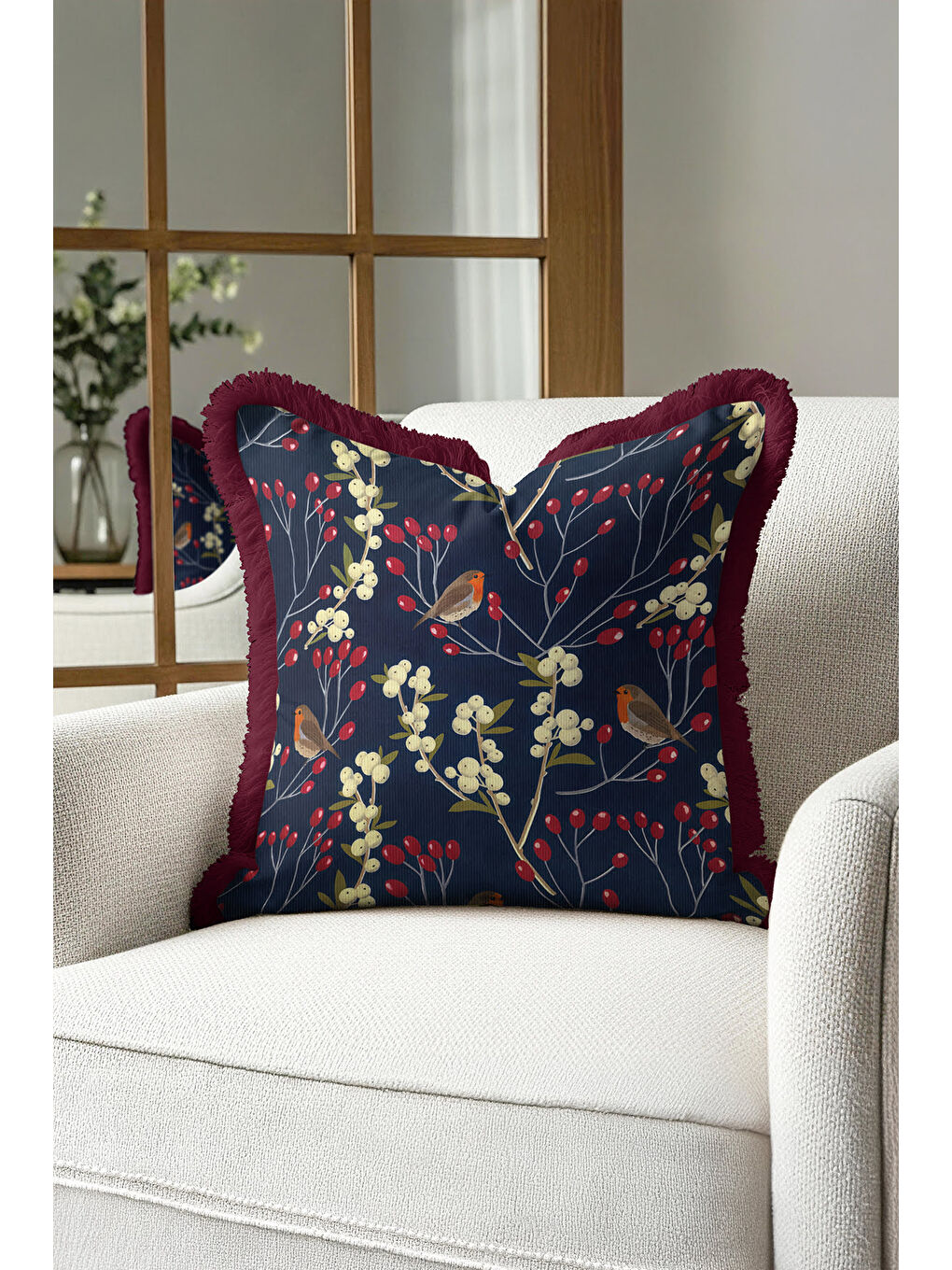 Karışık Doğanın Zarif Dokunuşu Saçaklı Yastık Kılıfı - Kış Bahçesi Bohem Laci Bordo Püsküllü Kırlent Kılıfı-4