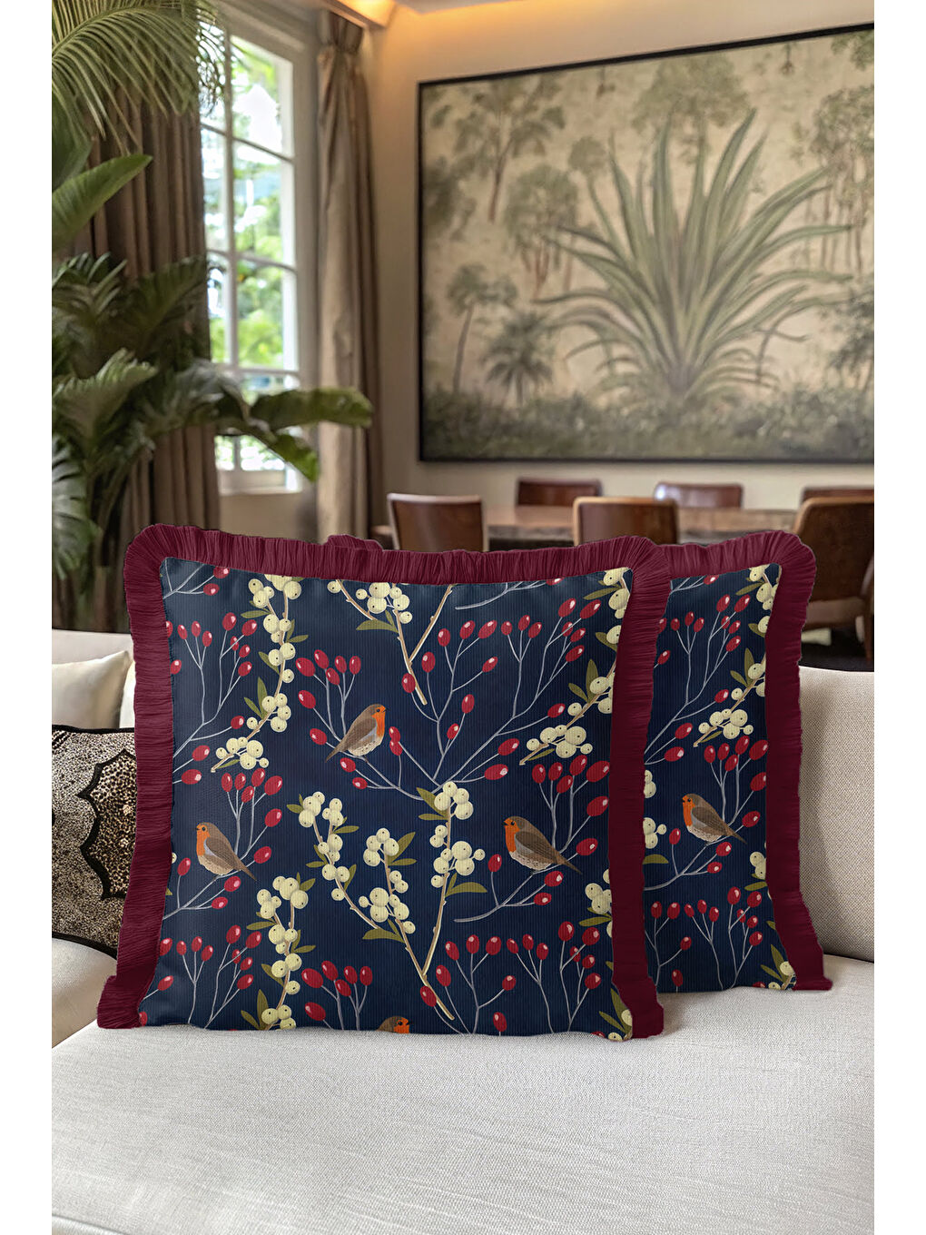 Karışık Doğanın Zarif Dokunuşu Saçaklı Yastık Kılıfı - Kış Bahçesi Bohem Laci Bordo Püsküllü Kırlent Kılıfı-5