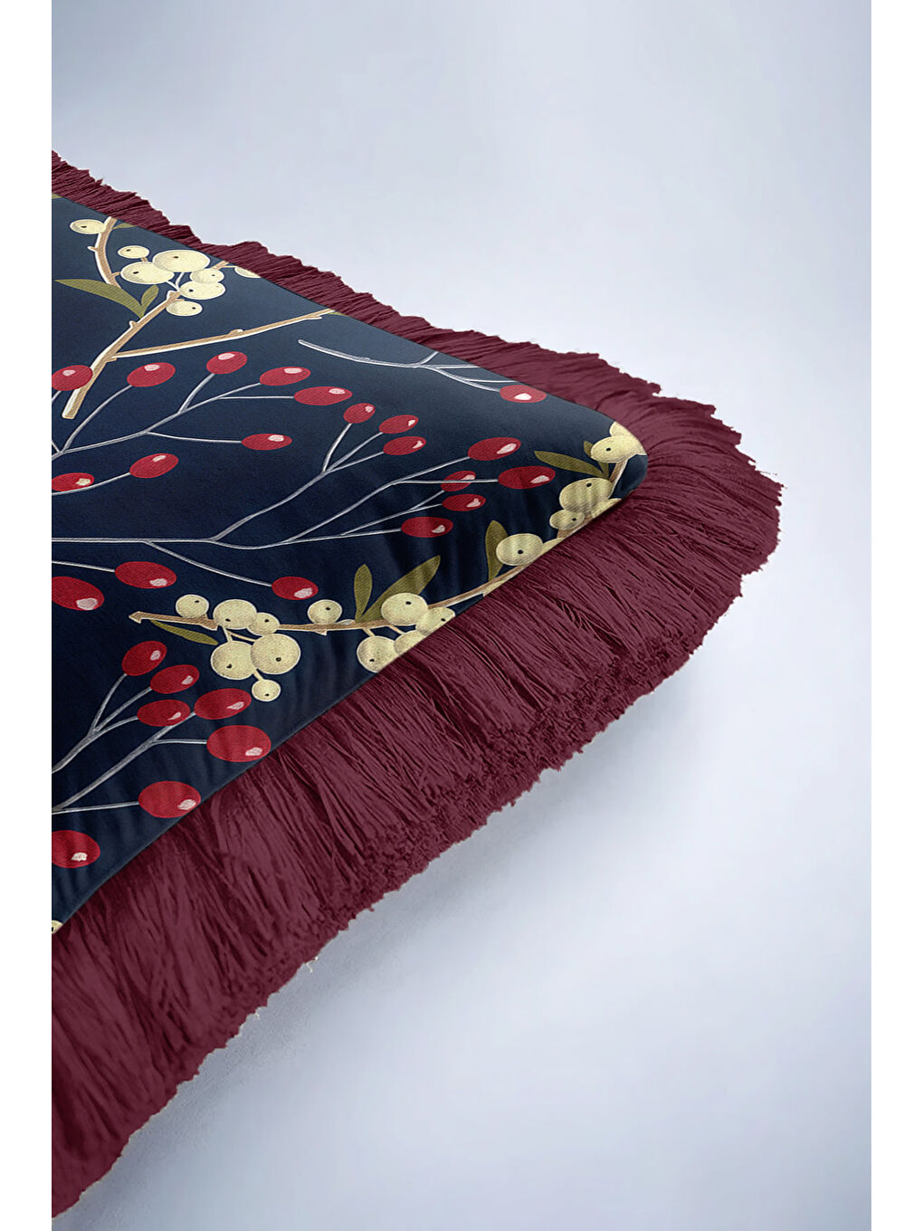 Karışık Doğanın Zarif Dokunuşu Saçaklı Yastık Kılıfı - Kış Bahçesi Bohem Laci Bordo Püsküllü Kırlent Kılıfı-6