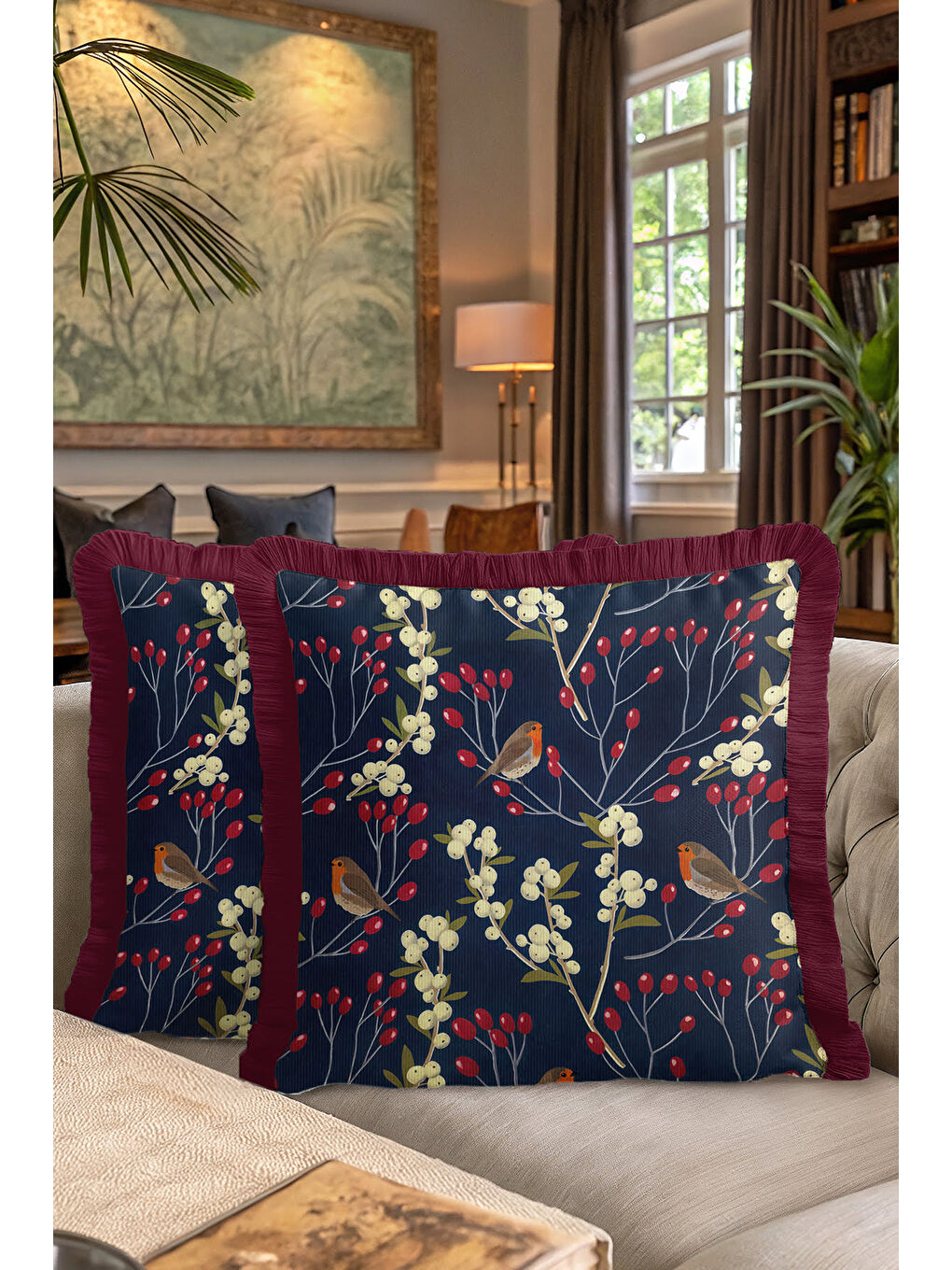 Karışık Doğanın Zarif Dokunuşu Saçaklı Yastık Kılıfı - Kış Bahçesi Bohem Laci Bordo Püsküllü Kırlent Kılıfı-7