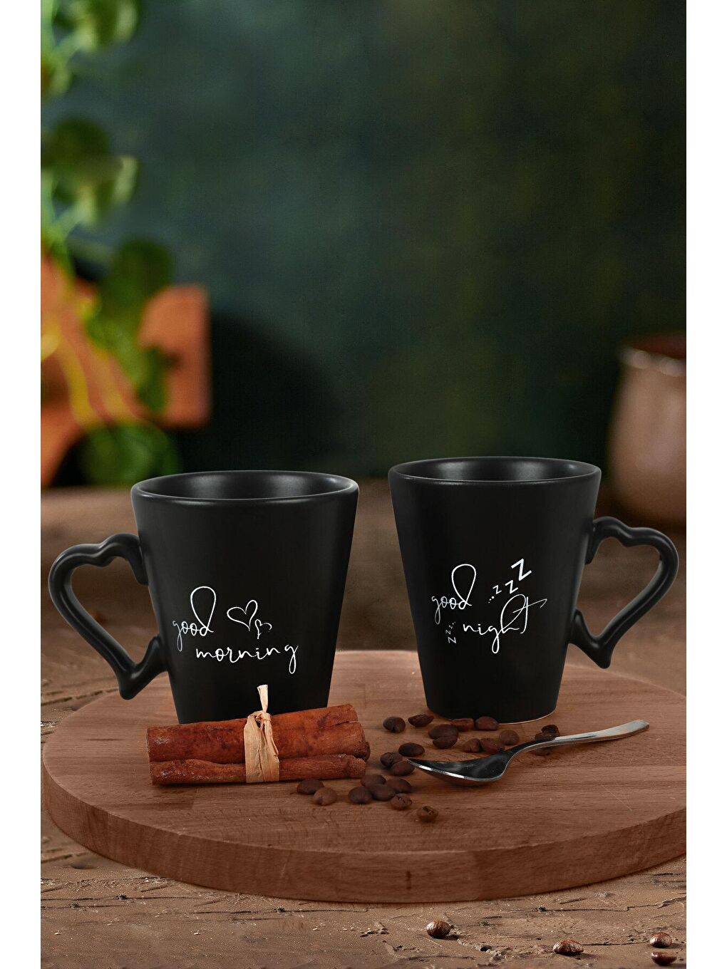 Mat Siyah Good Morning-Night Kalp Kulplu Kupa 9 Cm 2 Adet
