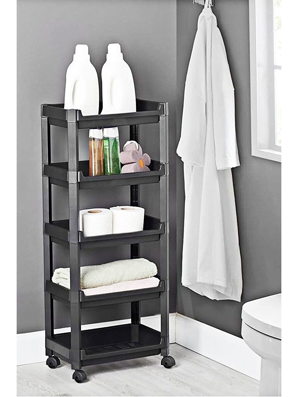 Siyah Org-75 Tekerlekli Raf Ünitesi 5 Katlı Çok Amaçlı Raf Düzenleyici Raf Banyo Mutfak Rafı