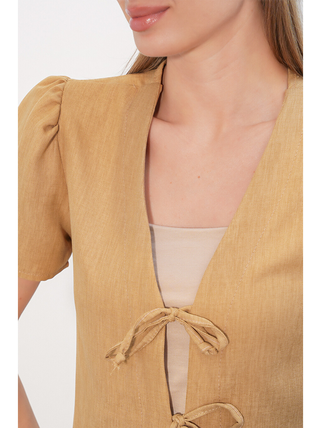Sarı Kadın Kısa Kol Crop Bluz 958 - Camel-4