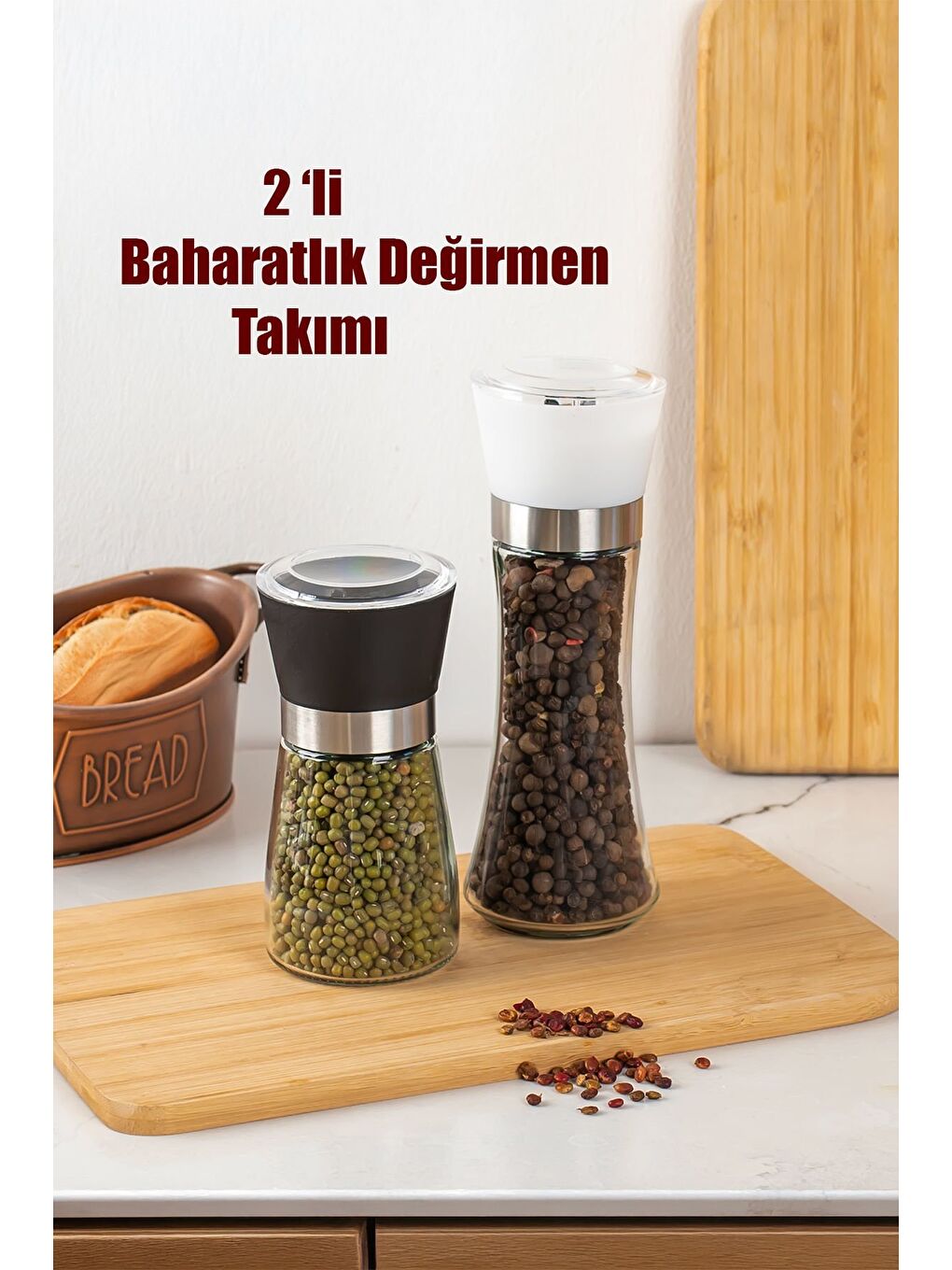 Porsima 2li Baharat Öğütücü Cam Değirmen Baharat Değirmeni El Değirmeni Tuz Karabiber Öğütücü Baharatlık