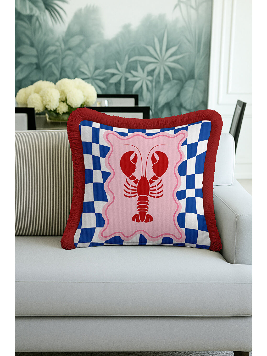 Karışık Lobster Art Saçaklı Yastık Kılıfı - Denizcilik Temalı Retro Kırmızı Mavi Püsküllü Kırlent Kılıfı