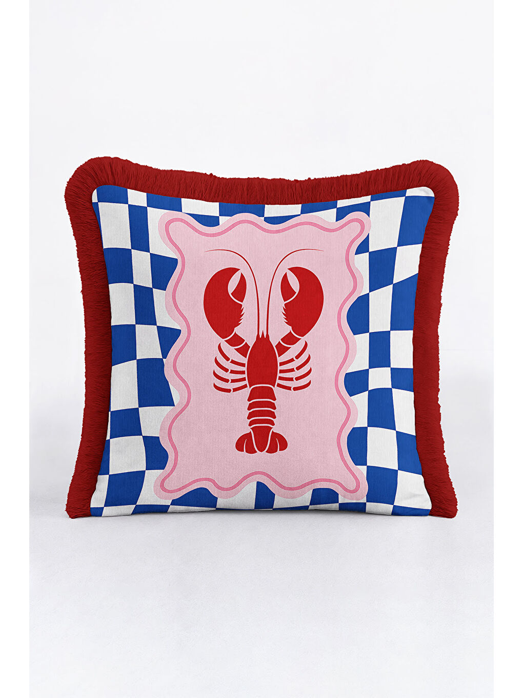 Karışık Lobster Art Saçaklı Yastık Kılıfı - Denizcilik Temalı Retro Kırmızı Mavi Püsküllü Kırlent Kılıfı-1