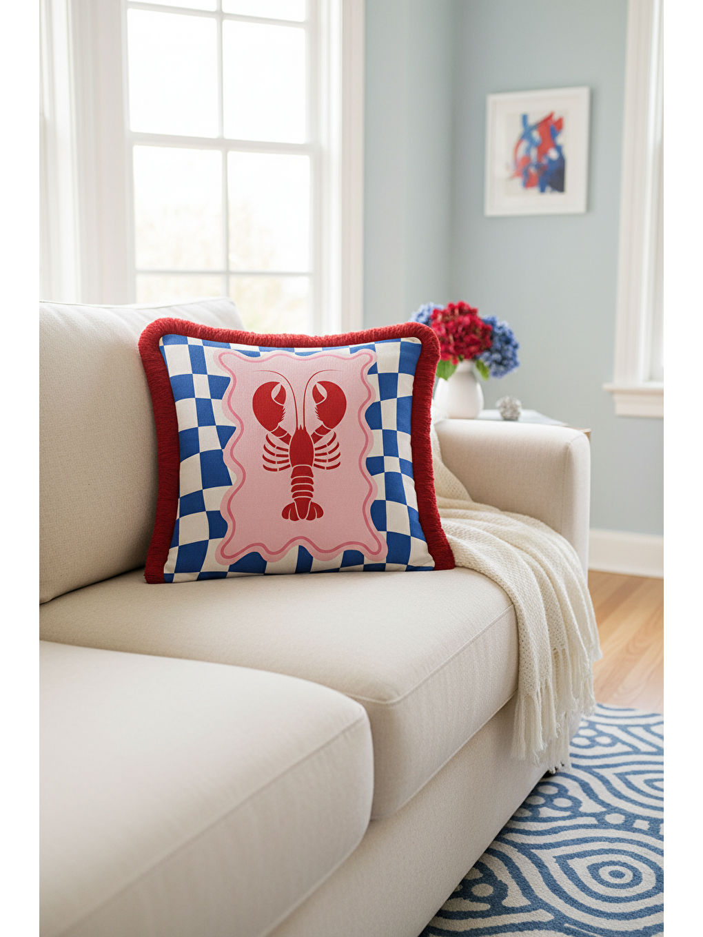 Karışık Lobster Art Saçaklı Yastık Kılıfı - Denizcilik Temalı Retro Kırmızı Mavi Püsküllü Kırlent Kılıfı-2