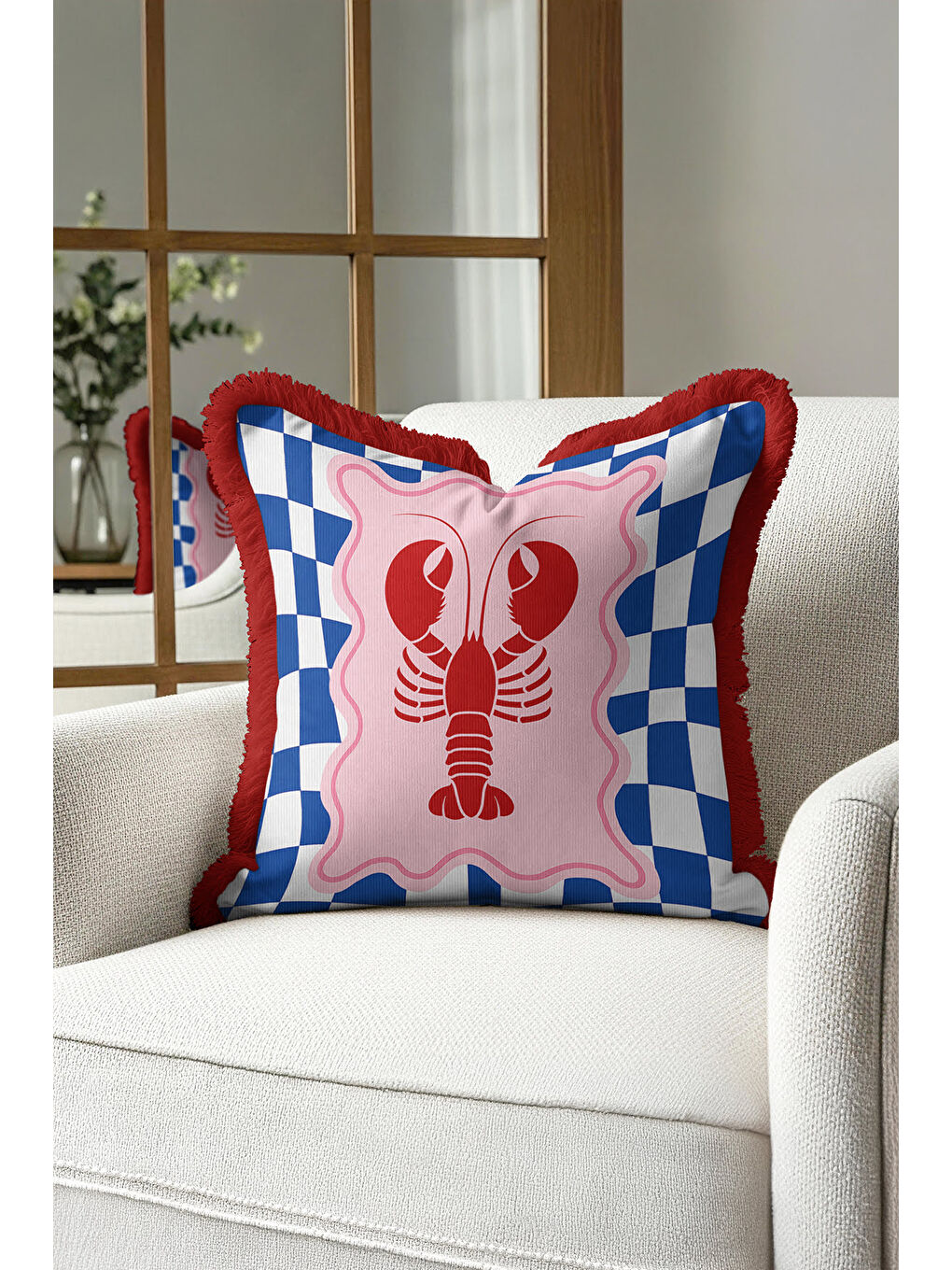 Karışık Lobster Art Saçaklı Yastık Kılıfı - Denizcilik Temalı Retro Kırmızı Mavi Püsküllü Kırlent Kılıfı-3