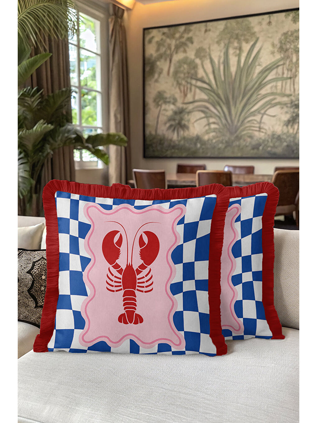 Karışık Lobster Art Saçaklı Yastık Kılıfı - Denizcilik Temalı Retro Kırmızı Mavi Püsküllü Kırlent Kılıfı-5
