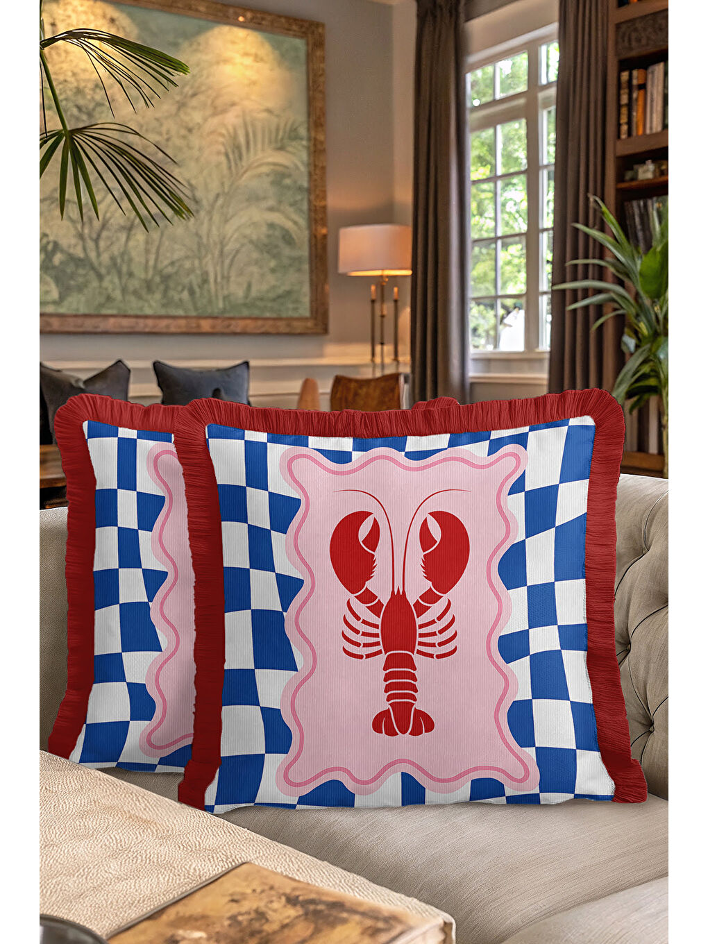 Karışık Lobster Art Saçaklı Yastık Kılıfı - Denizcilik Temalı Retro Kırmızı Mavi Püsküllü Kırlent Kılıfı-7