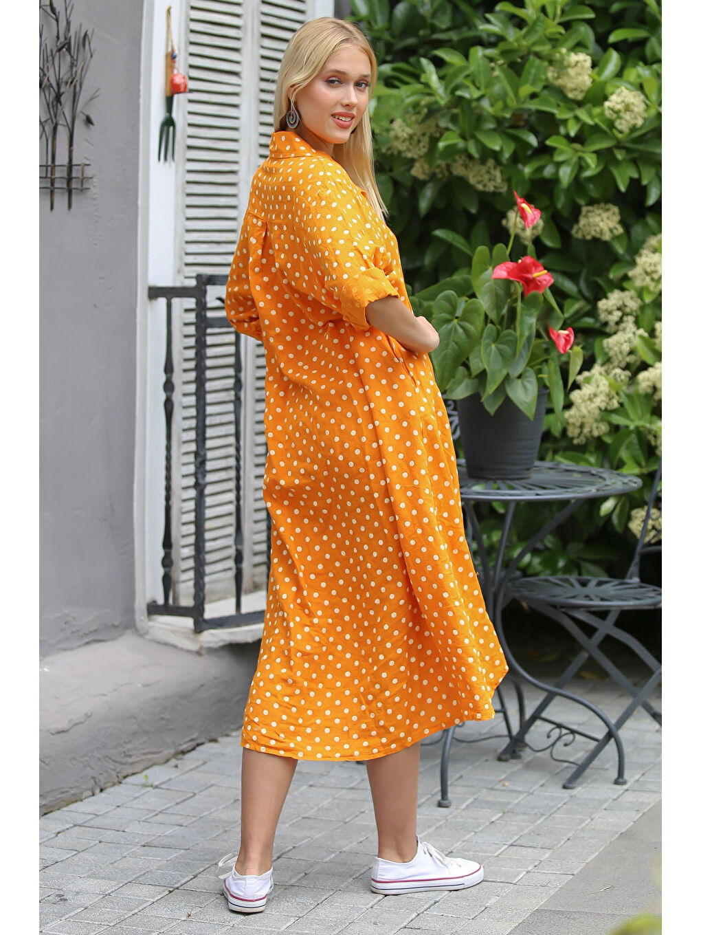 İtalyan Turuncu 3/4 Kol Puantiyeli Cepli Payetli Örme Elbise-1