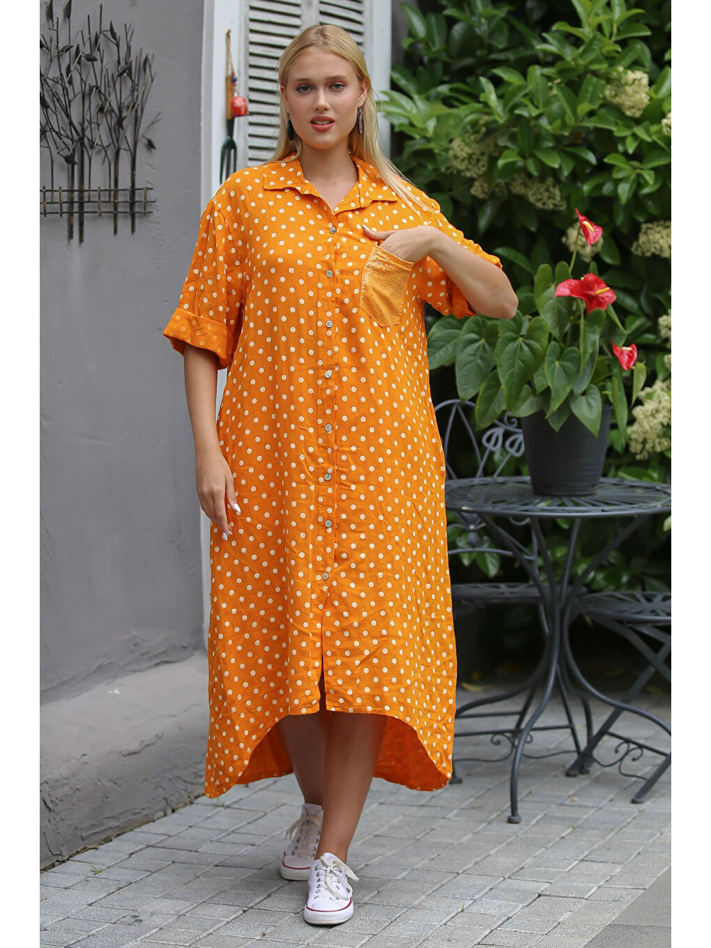 İtalyan Turuncu 3/4 Kol Puantiyeli Cepli Payetli Örme Elbise-2