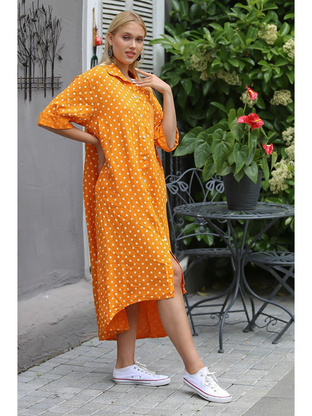İtalyan Turuncu 3/4 Kol Puantiyeli Cepli Payetli Örme Elbise-3