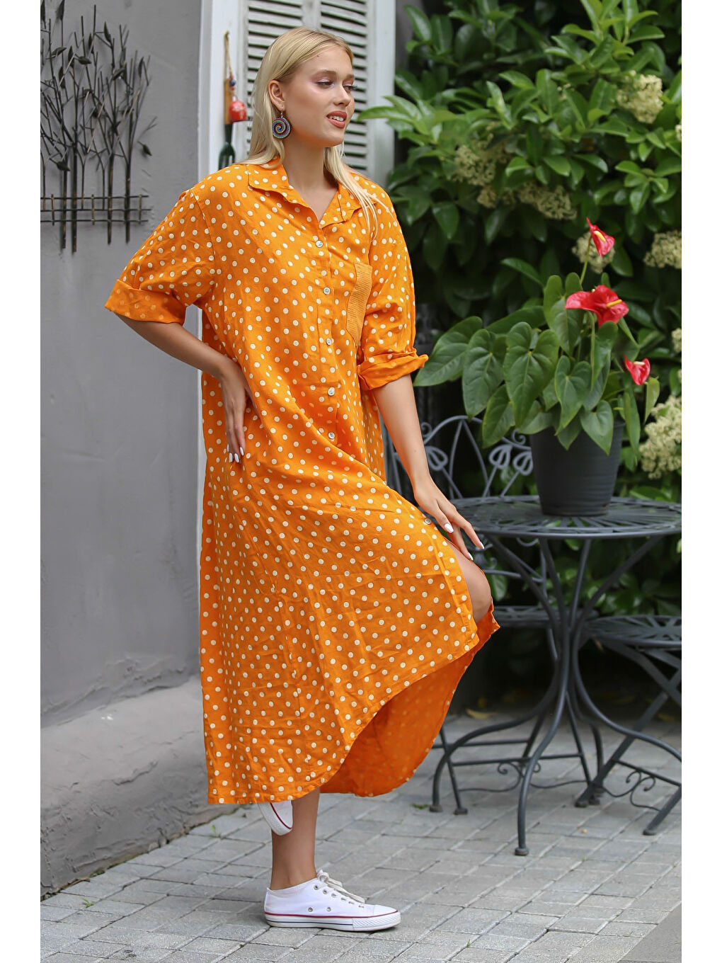 İtalyan Turuncu 3/4 Kol Puantiyeli Cepli Payetli Örme Elbise-4