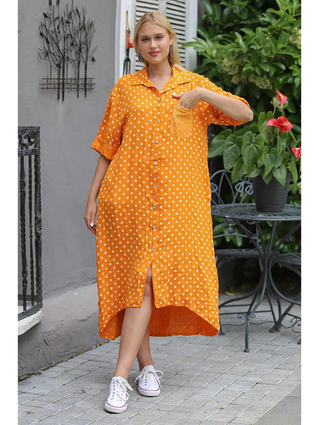 İtalyan Turuncu 3/4 Kol Puantiyeli Cepli Payetli Örme Elbise-5