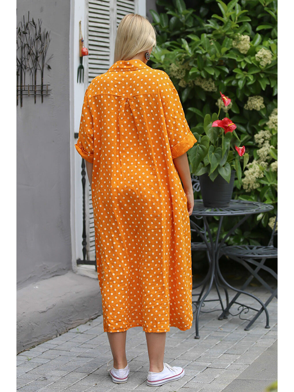 İtalyan Turuncu 3/4 Kol Puantiyeli Cepli Payetli Örme Elbise-6