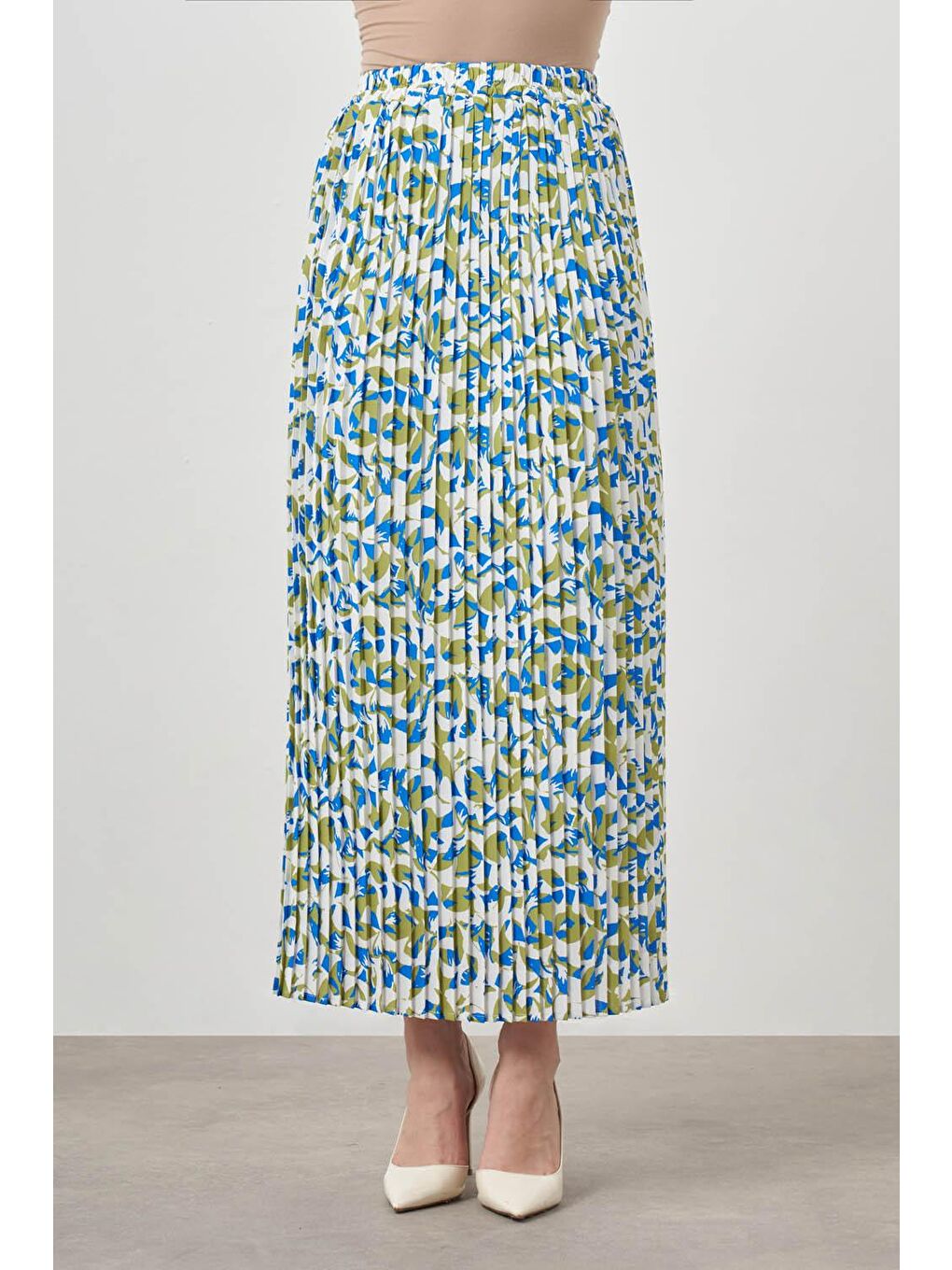 Botanik Desenli Plise Mavi Etek-2