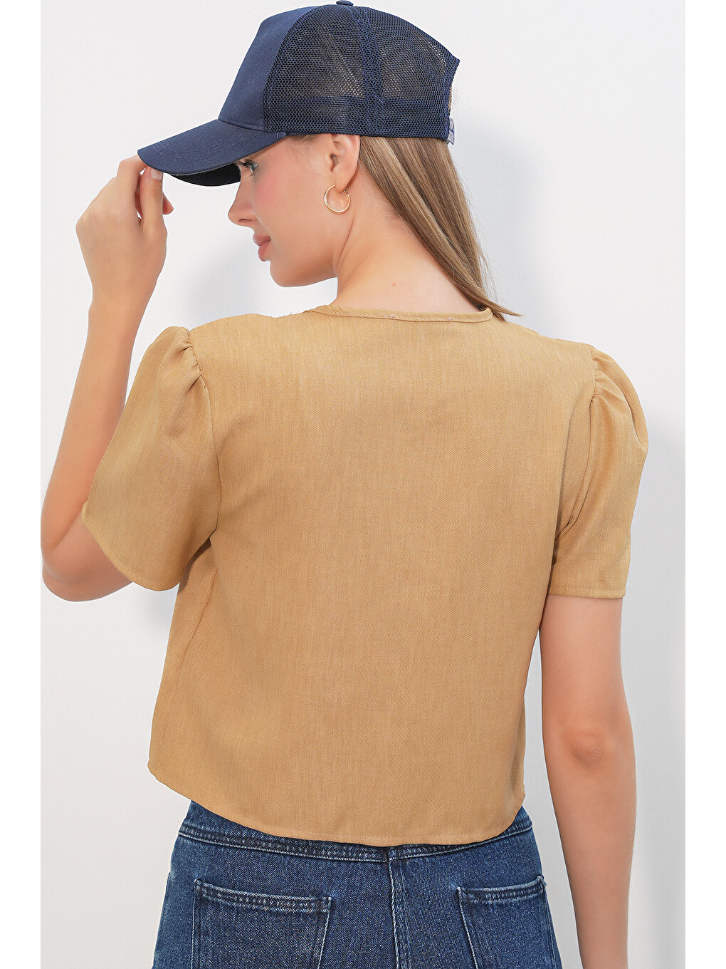 Sarı Kadın Kısa Kol Crop Bluz 958 - Camel-5
