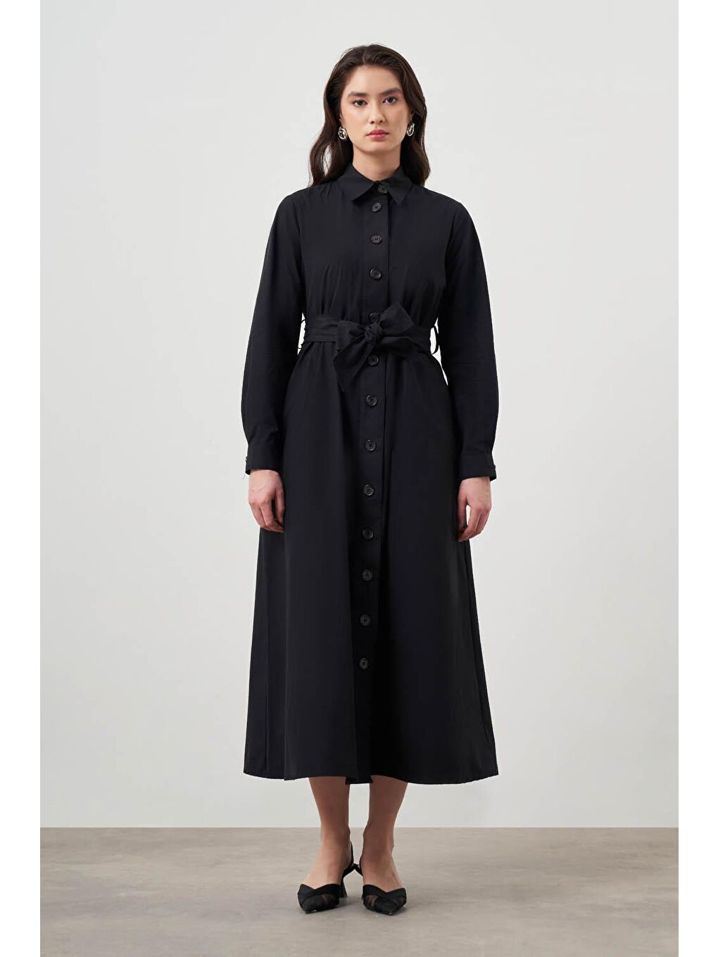 Kuşaklı Siyah Trenç Elbise-4
