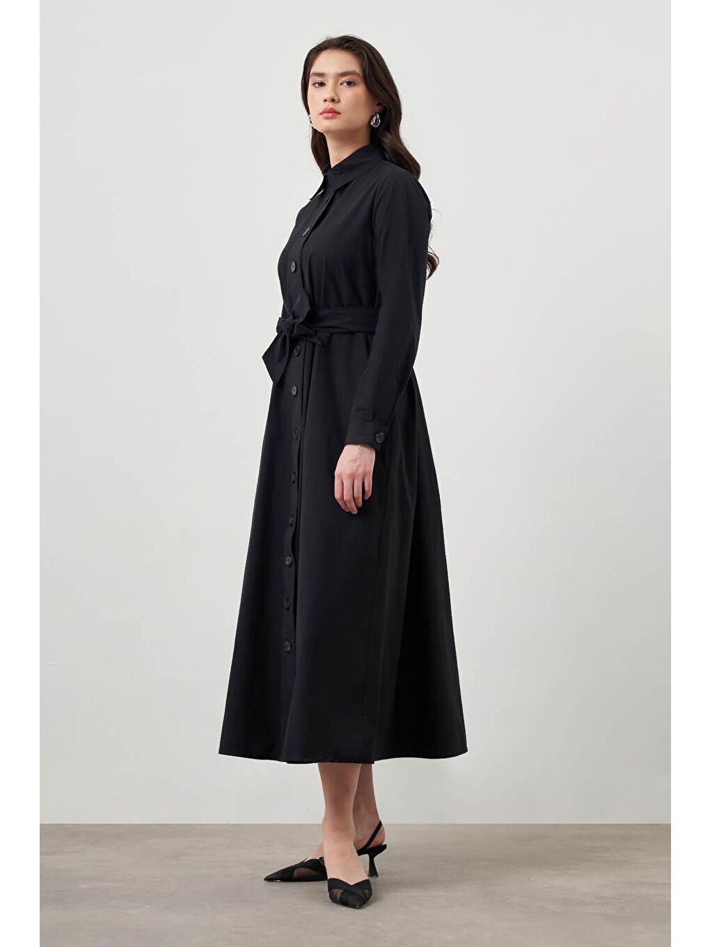 Kuşaklı Siyah Trenç Elbise-5