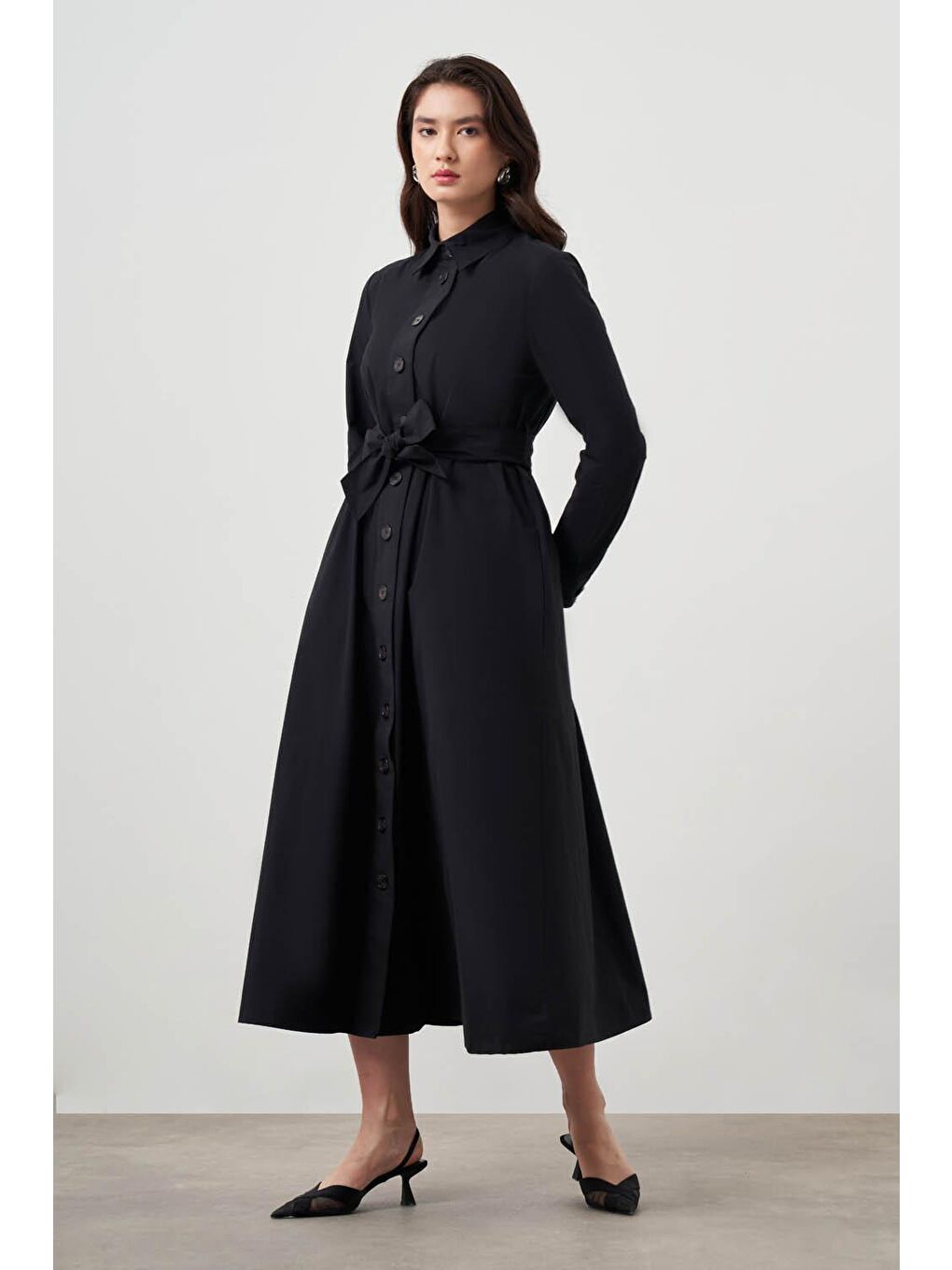 Kuşaklı Siyah Trenç Elbise-7
