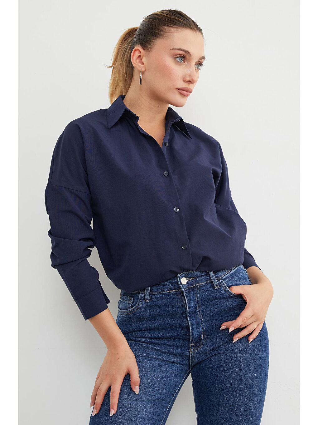 Lacivert Basic Düğmeli Gömlek-1