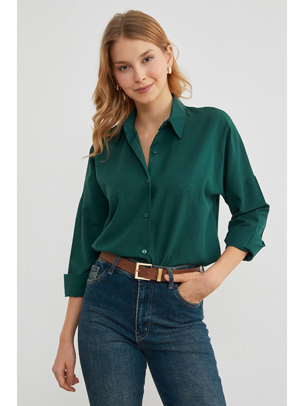 Yeşil Basic Düğmeli Gömlek-1