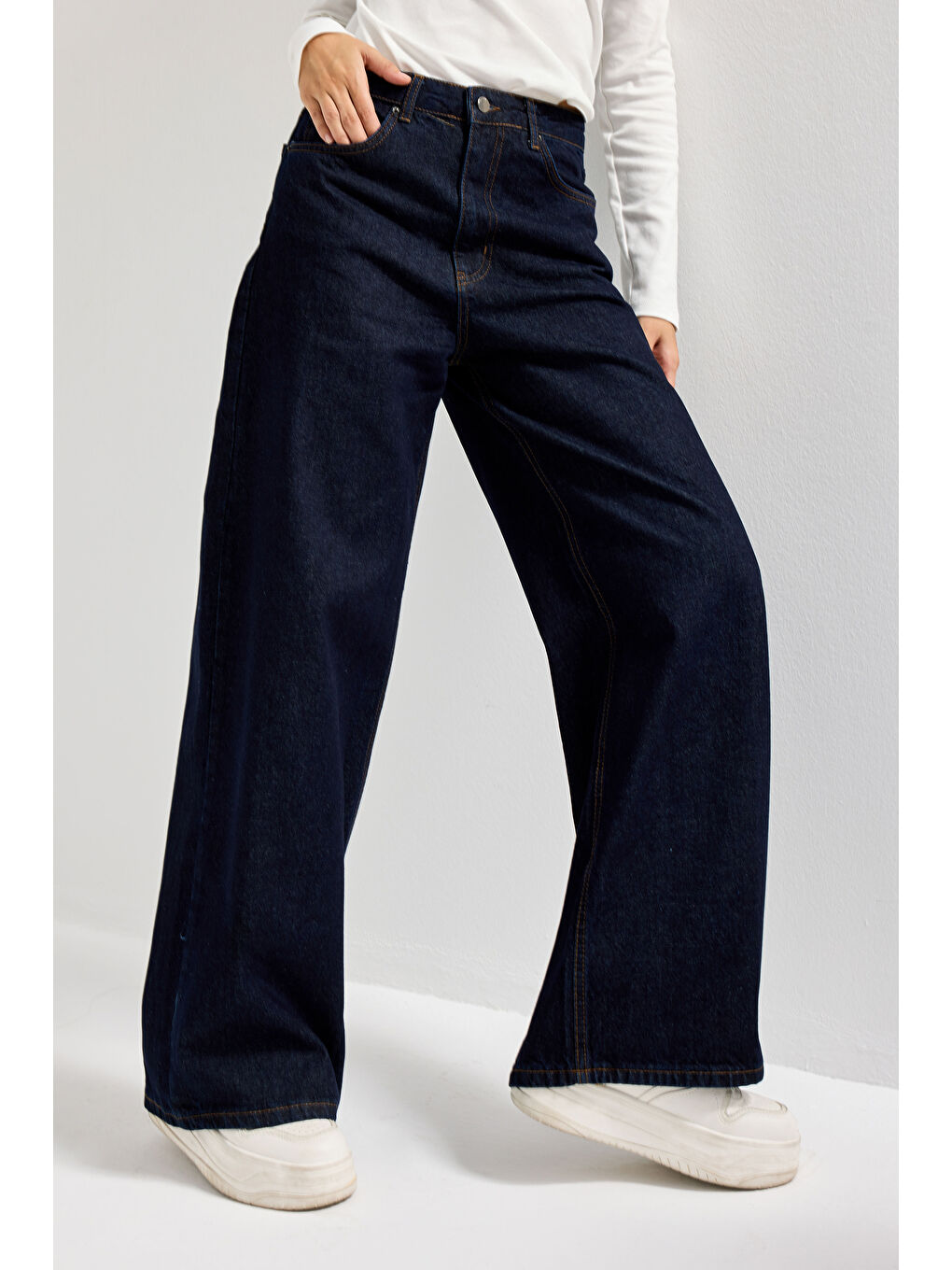 Kadın İndigo Renk 7w5-50 Palazzo Baggy Fit %100 Pamuk İç Boy 83cm Denim Jean