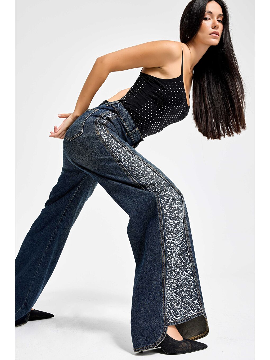 Mavi Kadın T.Kot Rengi 2w49 Parlak Taş Detaylı Wide Leg Fit Tasarım Denim