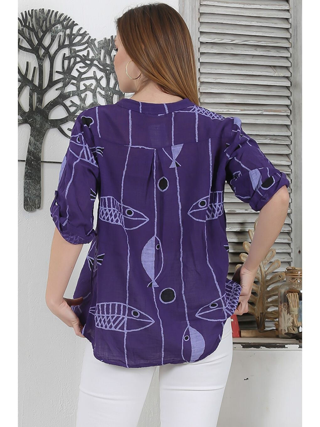 İtalyan Koyu Mavi Havuz Yaka 3/4 Kol Çiçekli Casual Keten Karışımlı Oversize Dokuma Bluz-7