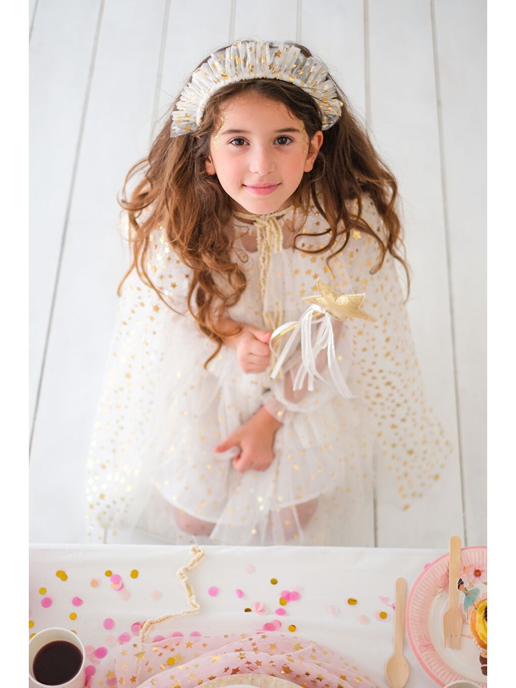Ekru  Kız Çocuk Yıldızlı Pelerin Asa ve Taç Set-2