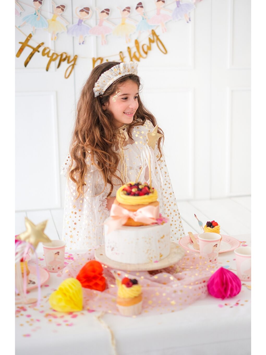 Ekru  Kız Çocuk Yıldızlı Pelerin Asa ve Taç Set-3