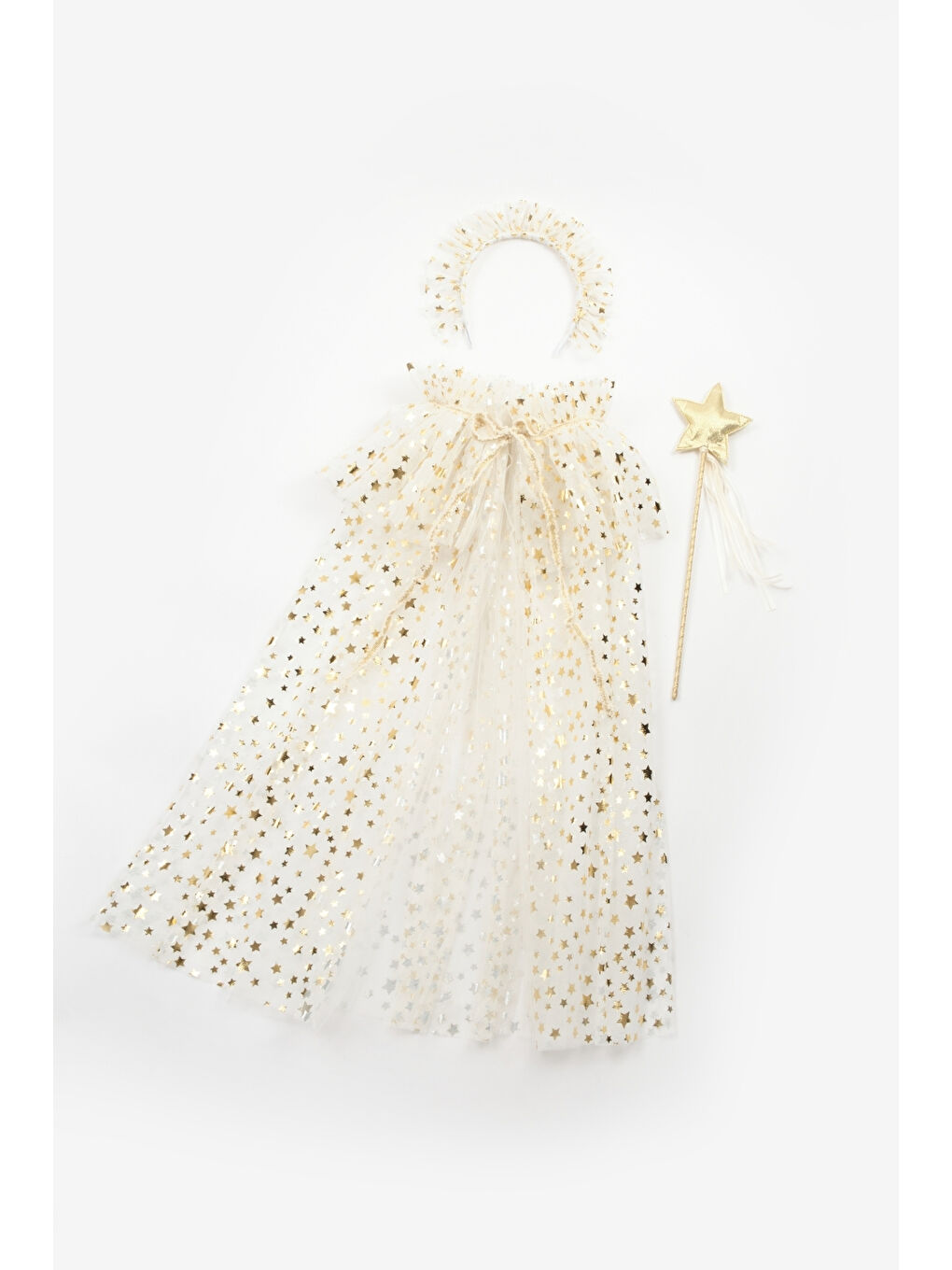 Ekru  Kız Çocuk Yıldızlı Pelerin Asa ve Taç Set-4