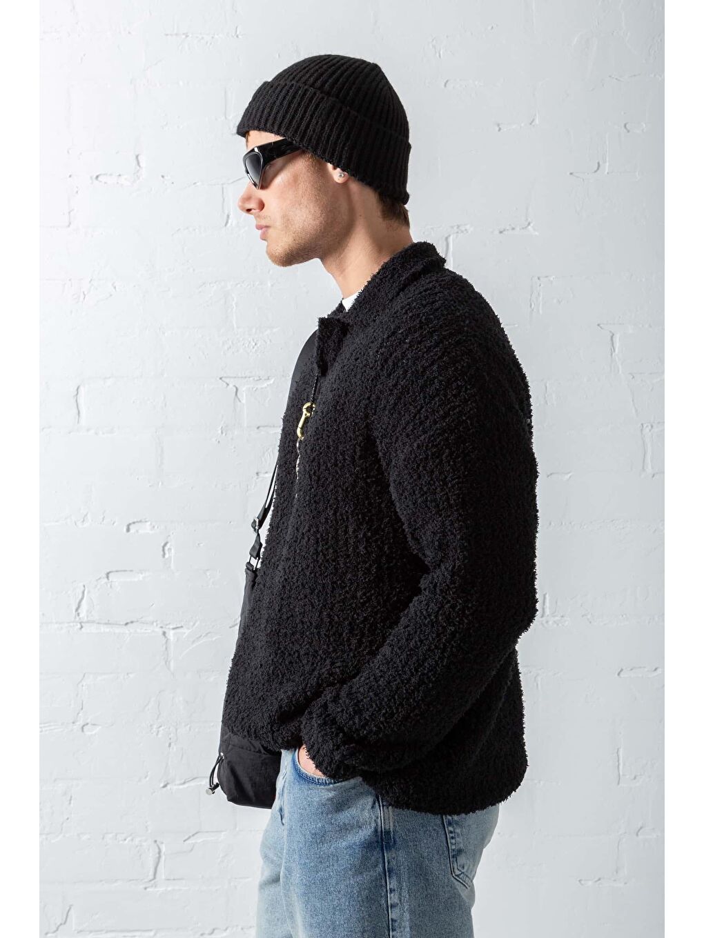 Erkek Oversize Yumuşak Dokulu Örme Kazak Siyah-5