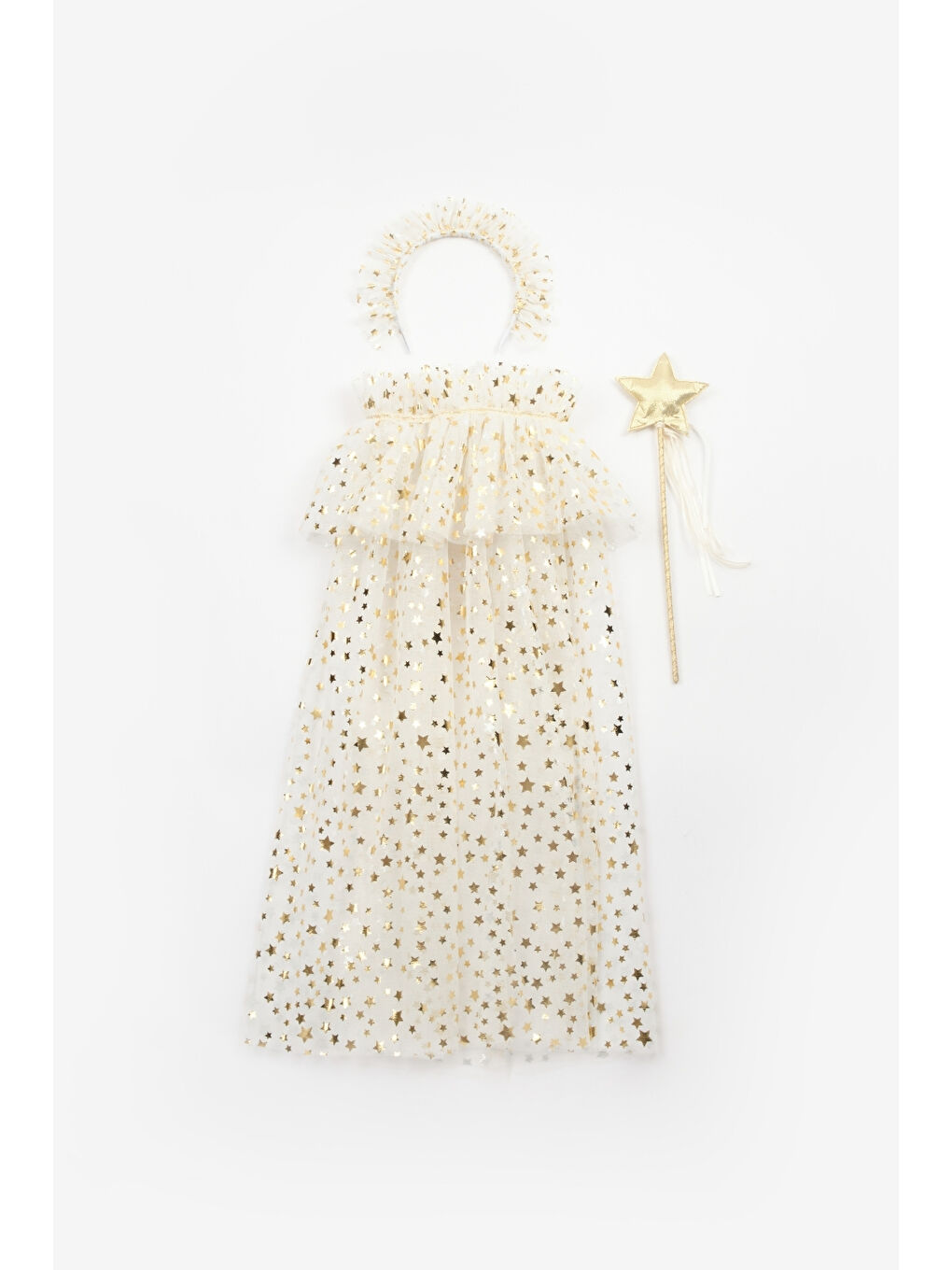 Ekru  Kız Çocuk Yıldızlı Pelerin Asa ve Taç Set-5