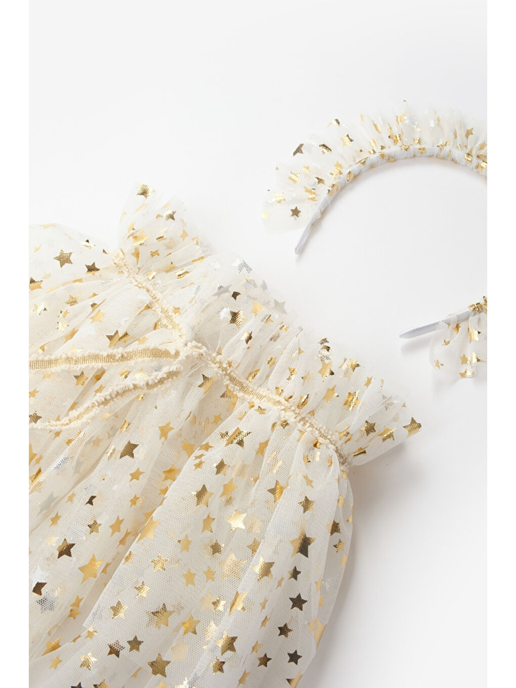 Ekru  Kız Çocuk Yıldızlı Pelerin Asa ve Taç Set-6