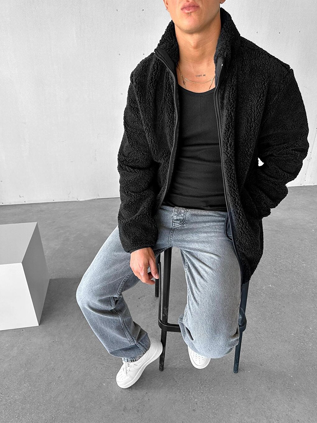 Erkek Rahat Kalıp Dik Yaka Fermuarlı Pelüş Pelüş Yaka Ceket Siyah-2
