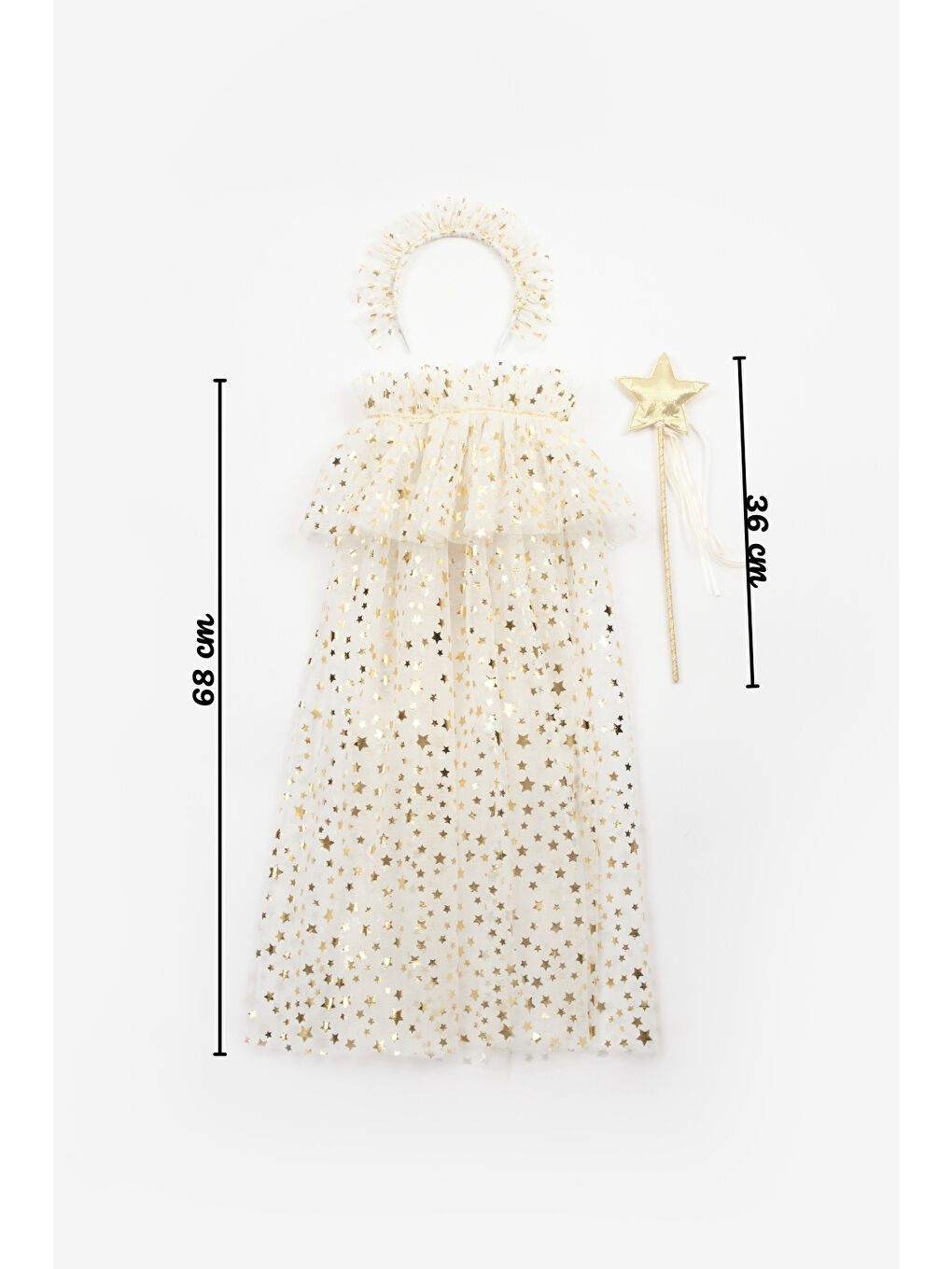 Ekru  Kız Çocuk Yıldızlı Pelerin Asa ve Taç Set-7
