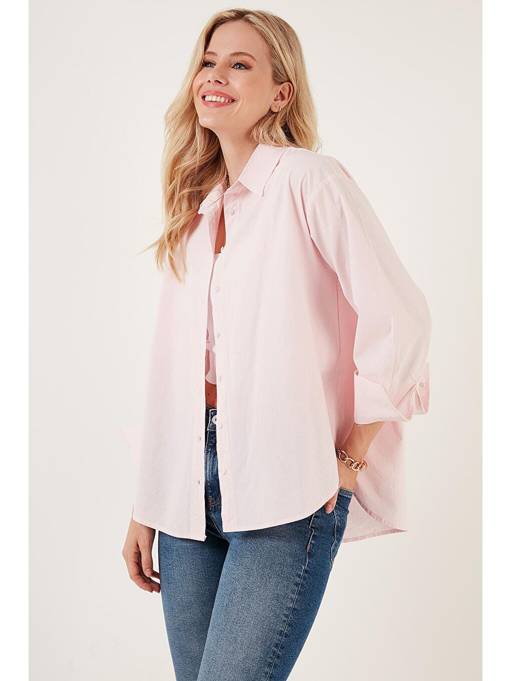 Pembe Oversize % 100 Pamuk Poplin Gömlek Cf21S163867-3