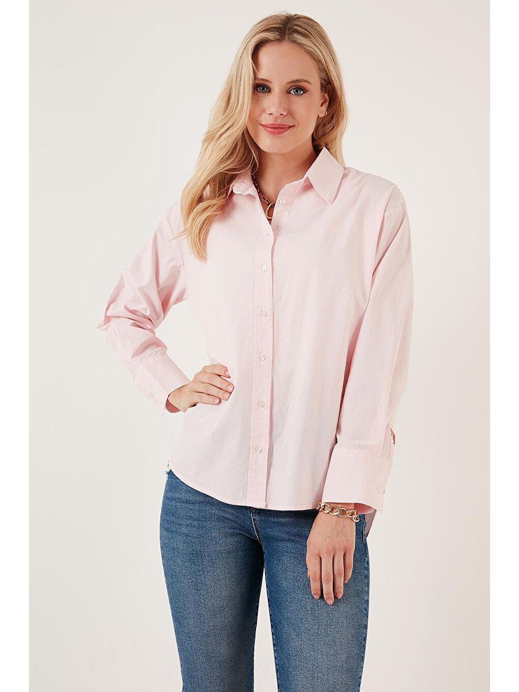 Pembe Oversize % 100 Pamuk Poplin Gömlek Cf21S163867-4