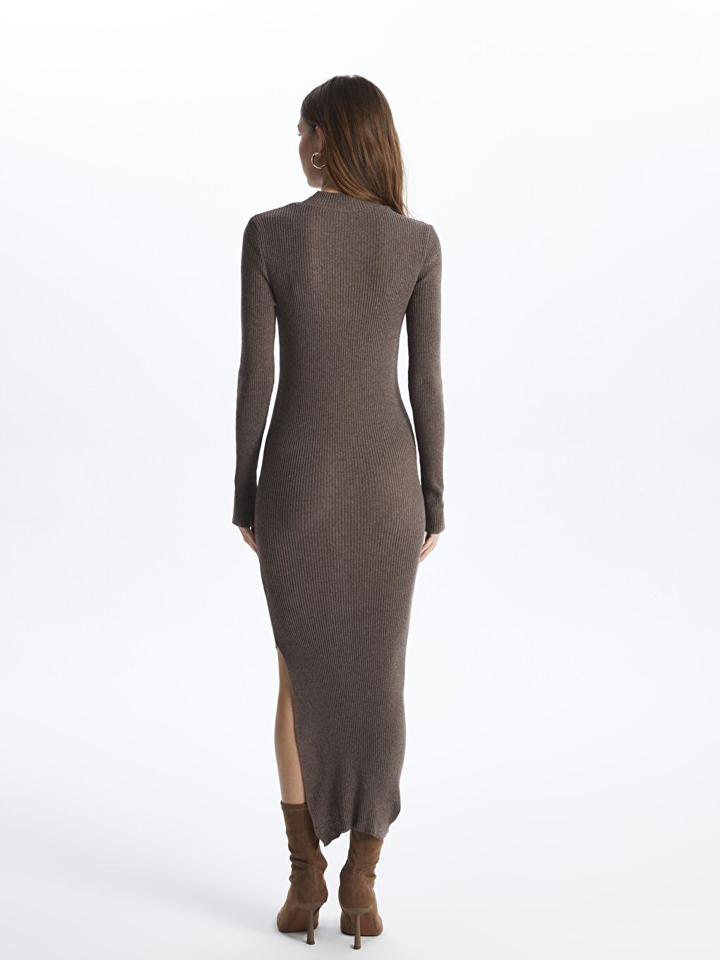 Kahverengi Vücuda Oturan Yırtmaçlı Uzun Triko Elbise - Lecce-4