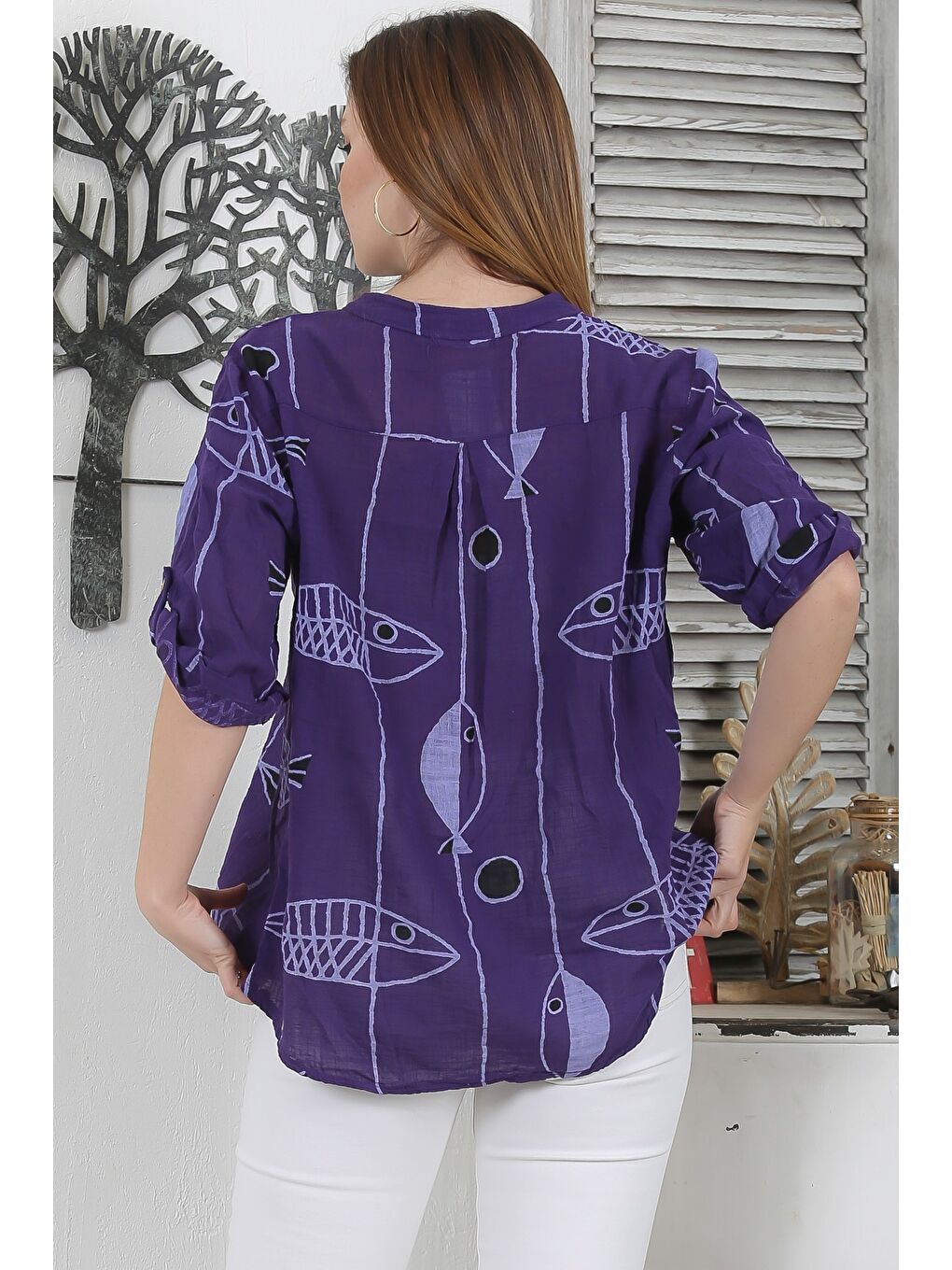 Yeşil İtalyan Limon Küfü Rengi Havuz Yaka 3/4 Kol Çiçekli Casual Keten Karışımlı Oversize Dokuma Bluz-7