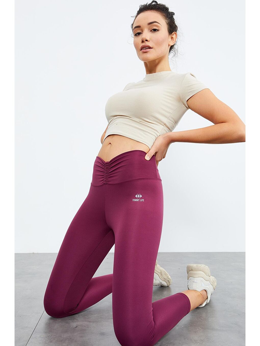 Bordo Beli Büzgülü Yüksek Bel Streç Slim Fit Kadın Tayt - 94605