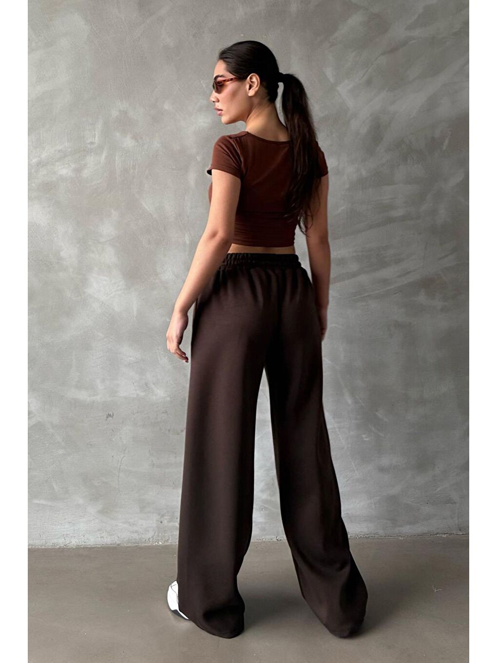 Kahverengi Ayarlanabilir Bel Bol Paça Rahat Kesim Basic Kadın Eşofman Altı Mg2122-5