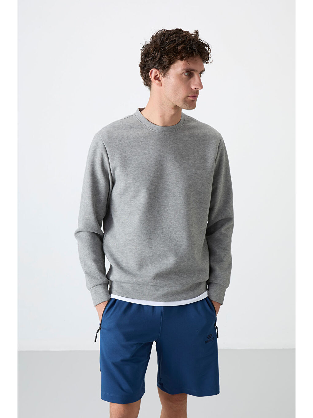 Gri Melanj Basic Bisiklet Yaka Rahat Form Erkek Sweatshirt - 88053-4